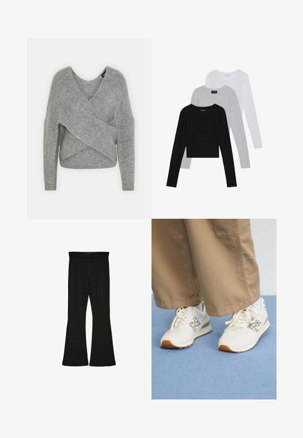 Hallide hallhargus, sügava V-kaelusega, pikkade varrukatega ja ribatrepiga. Valmistatud pehmest kudumismetallist, millel on kihiline, asümmeetriline disain.; Kolm pikkade varrukatega toppi, mis on üksteise peale asetatud: must, hall ja valge. Igal ühel on ümar kaelus ja lühike disain, valmistatud siledast, kergekaalulisest kangast.; Mustad mustad sääred, mis on valmistatud venivast kangast. Omab laia vööd ja siledat tekstuuri, sobituv siluett, mis laieneb allservas.; Valged sportlikud kingad tekstuuriga, beeži kummitaldaga. Need sisaldavad sinist loomamustrit ja lamedaid beeže nööre, millele on sobitatud beežid püksid.