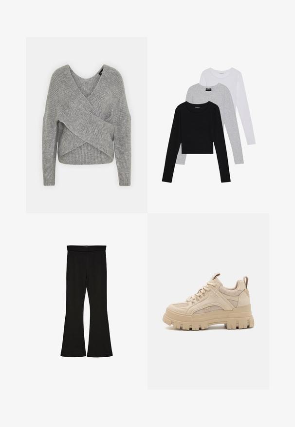 Hallide hallhargus, sügava V-kaelusega, pikkade varrukatega ja ribatrepiga. Valmistatud pehmest kudumismetallist, millel on kihiline, asümmeetriline disain.; Kolm pikkade varrukatega toppi, mis on üksteise peale asetatud: must, hall ja valge. Igal ühel on ümar kaelus ja lühike disain, valmistatud siledast, kergekaalulisest kangast.; Mustad mustad sääred, mis on valmistatud venivast kangast. Omab laia vööd ja siledat tekstuuri, sobituv siluett, mis laieneb allservas.; Beezid jakked spordijalatsid, millel on võrgu ja nubukmaterjalide segu, paksema tallaga ja silmapaistva mustriga, nööriga kinni pandud disain ja brändi detail.