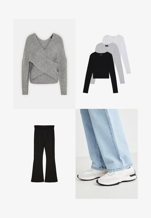 Grå omslagströja med djup V-ringning, långa ärmar och ribbad struktur. Tillverkad av ett mjukt stickat material med en lager-på-lager, asymmetrisk design.; Tre långärmade tröjor staplade: svart, grå och vit. Var och en har en rund halsringning och en kort design med mjukt, lätt material.; Svarta flare leggings tillverkade av elastisk tyg. Har en bred midja och en slät yta, med en åtsittande silhuett som flares vid fållen.; Sport sneakers med en vit mesh-övre, grå mockaaccents, svart gummisula och texturerade designelement på sidan.