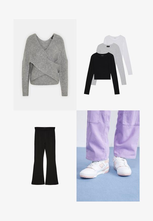 Grå omslagssweater med dyp V-hals, lange ermer og ribbestruktur. Laget av et mykt strikket materiale med et lagdelt, asymmetrisk design.; Tre lange ermer t-skjorter stablet: svart, grå og hvit. Hver har en rund hals og et kort design med glatt, lett stoff.; Sorte flared leggings laget av stretchy stoff. Har en bred midjebånd og en glatt tekstur, med en tettsittende silhuett som blir videre nedover.; Hvite sneakers med rosa detaljer, teksturert skinnoverdel og gummisåle, kombinert med lys lilla vide bukser på en blå overflate.