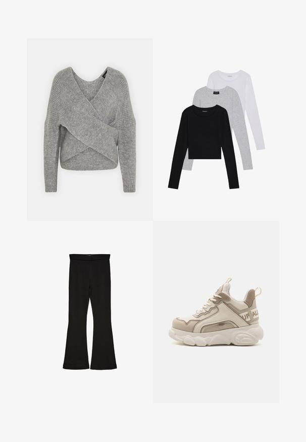 Grå omslagströja med djup V-ringning, långa ärmar och ribbad struktur. Tillverkad av ett mjukt stickat material med en lager-på-lager, asymmetrisk design.; Tre långärmade tröjor staplade: svart, grå och vit. Var och en har en rund halsringning och en kort design med mjukt, lätt material.; Svarta flare leggings tillverkade av elastisk tyg. Har en bred midja och en slät yta, med en åtsittande silhuett som flares vid fållen.; Buffalo CHAI - Sneakers - beige/cream