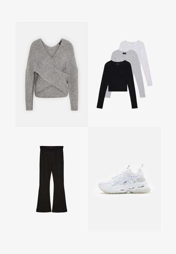 Siva omotana vestica s dubokim V-izrezom, dugim rukavima i rebrastom teksturom. Izrađena od mekog pletenog materijala s slojevitim, asimetričnim dizajnom.; Tri dugih rukava posložena: crna, siva i bijela. Svaka ima okrugli izrez i skrateni kroj s glatkom, laganom tkaninom.; Crne hlače na tregere od rastezljivog materijala. Imaju širok pojas i glatku teksturu, s uskim krojem koji se širi na rubu.; Bijela tenisica s debelim potplatom, slojevitom mrežom i sintetičkim gornjim dijelom, koja ima uzorke, sustav vezivanja i petlju za povlačenje.