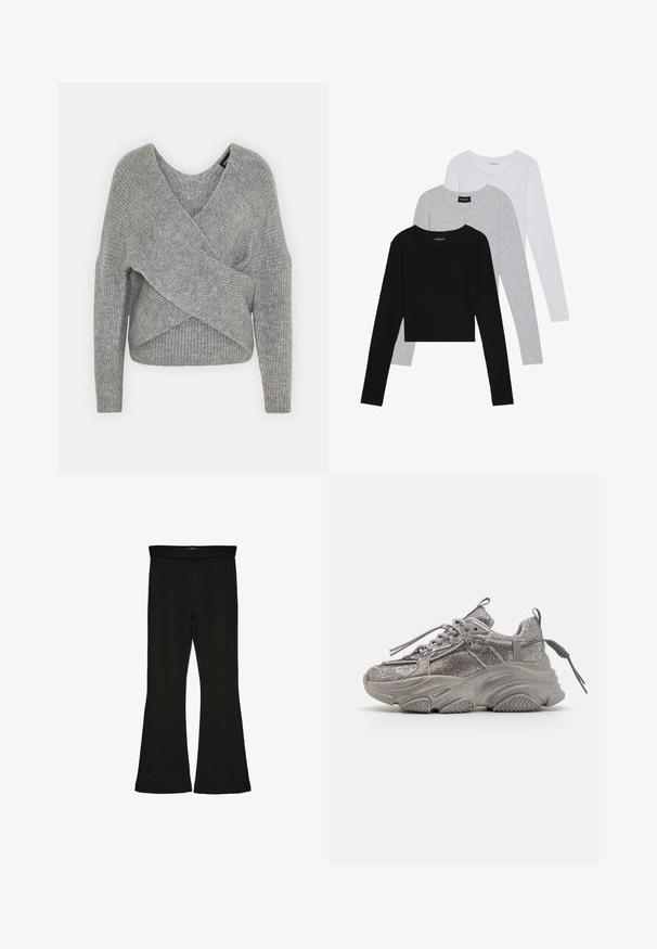 Gray wrap sweater with a deep V-neck, long sleeves, and ribbed texture. Made from a soft knit material with a layered, asymmetrical design.; Three long-sleeve tops stacked: black, grey, and white. Each has a round neckline and a cropped design with smooth, lightweight fabric.; Black flare leggings made from stretchy fabric. Features a wide waistband and a smooth texture, with a fitted silhouette that flares at the hem.; Chunky gray sneaker with a textured mesh upper, thick rubber sole, and flat laces. Features a padded collar and heel tab for secure fit.