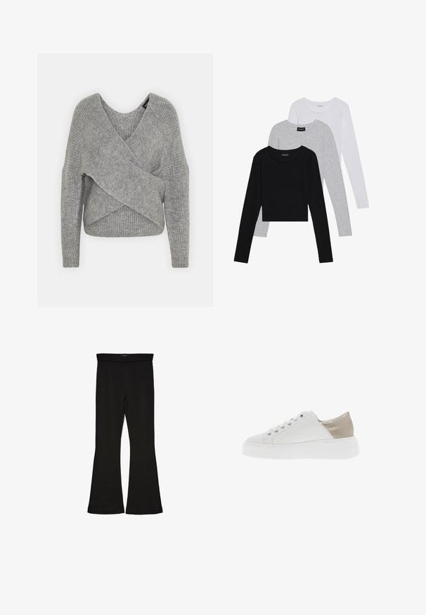 Grau umwickelter Pullover mit tiefem V-Ausschnitt, langen Ärmeln und gerippter Textur. Hergestellt aus einem weichen Strickmaterial mit einem geschichteten, asymmetrischen Design.; Drei langärmelige Oberteile gestapelt: schwarz, grau und weiß. Jedes hat einen runden Halsausschnitt und ein kurzes Design aus glattem, leichtem Stoff.; Schwarze Schlagleggings aus dehnbarem Stoff. Sie verfügen über einen breiten Bund und eine glatte Textur, mit einer enganliegenden Silhouette, die am Saum ausgestellt ist.; Weiße Leder-Sneaker mit metallisch-beigem Fersenakzent, flacher weißer Gummisohle und sechs Ösen-Schnürung. Nahtdetails entlang der Kanten.