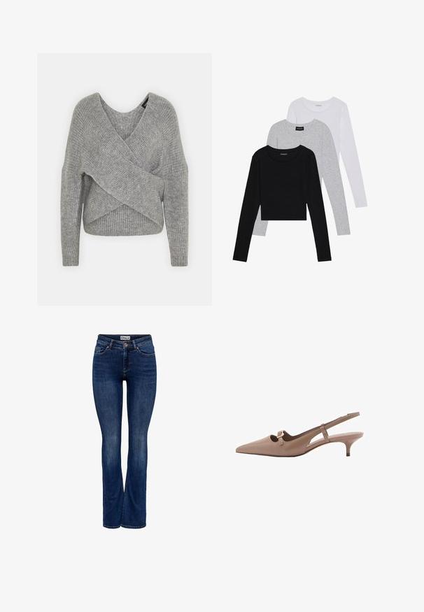 Siva omotana vestica s dubokim V-izrezom, dugim rukavima i rebrastom teksturom. Izrađena od mekog pletenog materijala s slojevitim, asimetričnim dizajnom.; Tri dugih rukava posložena: crna, siva i bijela. Svaka ima okrugli izrez i skrateni kroj s glatkom, laganom tkaninom.; Tamno plave traperice s blagim izbljedjeljem, dizajn s pet džepova, zatvaranje na dugme i bootcut kroj, s oznakom "ONLY" na pojasu.; Bež sandale s potpeticom i špicastim nosom, glatke kožne završne obrade, ukrašene svežnjem na prednjem delu. Niska potpetica.