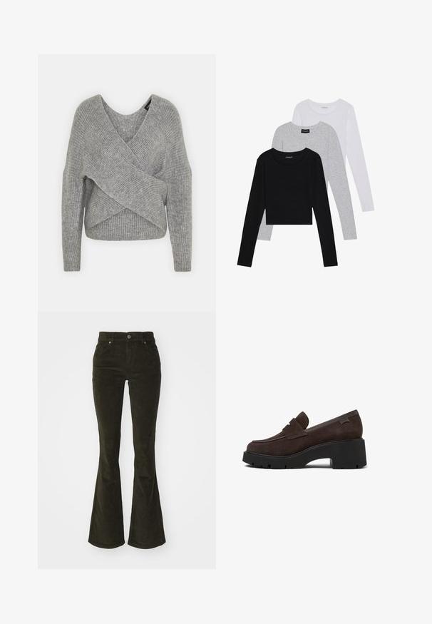 Pull en gris avec un col en V profond, des manches longues et une texture côtelée. Fabriqué en matériau tricoté doux avec un design asymétrique superposé.; Trois hauts à manches longues empilés : noir, gris et blanc. Chacun a un col rond et un design court avec un tissu lisse et léger.; Pantalons en velours côtelé évasés de couleur vert foncé. Comprend des poches avant, une fermeture à bouton, et un tissu doux et texturé avec un motif en relief.; Mocassins en daim marron avec une semelle plate en caoutchouc noir strié, présentant un bout arrondi et une sangle décorative sur le dessus.