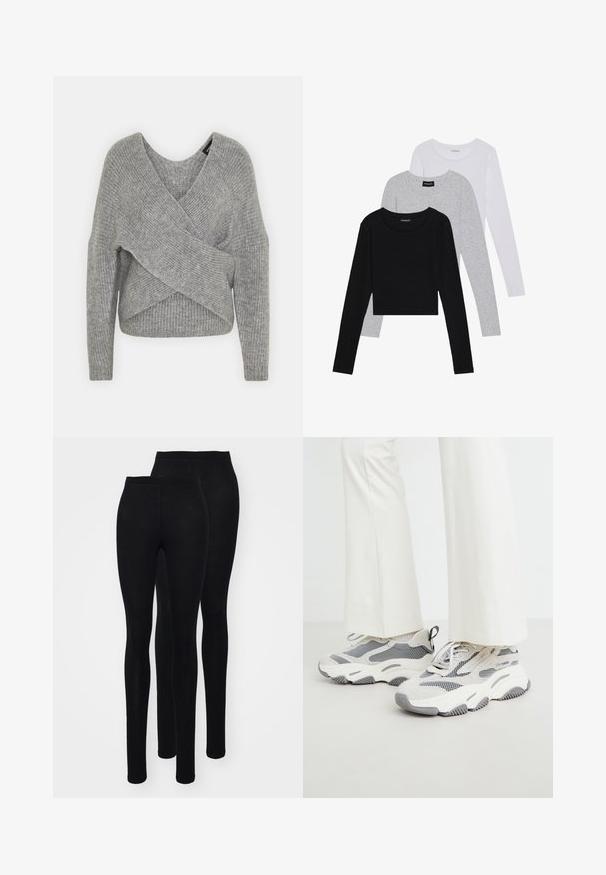 Siva ovitek pulover z globokim V-izrezom, dolgimi rokavi in ribasto teksturo. Narejen iz mehke pletene tkanine z plastnim, asimetričnim dizajnom.; Tri dolga rokava zložena: črna, siva in bela. Vsaka ima okroglo izreznico in skrajšan dizajn z gladkim, lahkotnim materialom.; Črne legice iz gladkega, raztegljivega materiala z visokim pasom. Imajo pritrjeno silhueto in dolžino do gležnjem. Prikazani sta dve pari.; Grosse atletske teniske v svetlo sivi barvi, ki združujejo mrežaste in tekstilne materiale, s patterned elementi in debelim gumijastim podplatom.