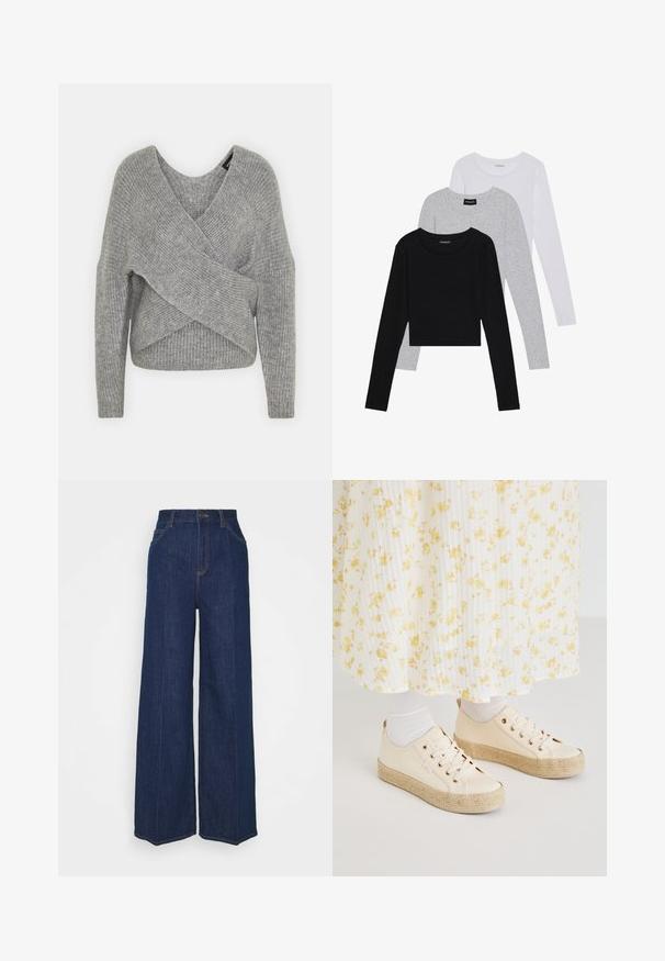 Pullover griș cu un decolteu adânc în V, mâneci lungi și textură cu ochiuri. Fabricat dintr-un material tricotat moale, cu un design stratificat și asimetric.; Trei bluze cu mânecă lungă așezate: neagră, gri și albă. Fiecare are un guler rotund și un design scurt, realizat dintr-un material fin și ușor.; Blugi din denim întunecat, cu talie înaltă și picioare largi, cu buzunare laterale și pe spate, închidere cu buton și detalii vizibile de cusătură.; Adidași bej cu o suprafață netedă, având o talpă cu textură asemănătoare jutei, un design cu șireturi și accesorii din aur roz. Purtați cu o fustă albă cu imprimeu floral.