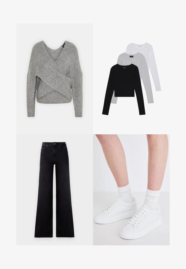 Grijze wikkeltrui met een diepe V-hals, lange mouwen en ribbelstructuur. Gemaakt van een zachte gebreide stof met een gelaagd, asymmetrisch ontwerp.; Drie langmouwige tops gestapeld: zwart, grijs en wit. Elke top heeft een ronde halslijn en een cropped ontwerp van soepel, lichtgewicht materiaal.; Hoge taille zwarte wijde jeans met voorkruiszakken, riemlussen en een knoopsluiting.; Copenhagen Studios CPH72 - Sneakers laag - white