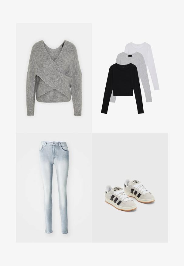 Szürke, mély V kivágású, hosszú ujjú kötött pulóver, bordás textúrával. Puha kötött anyagból készült, réteges, aszimmetrikus dizájnnal.; Három hosszú ujjú póló egymásra rakva: fekete, szürke és fehér. Mindegyiknek kerek nyaka van, és rövidített fazonnal rendelkezik, sima, könnyű anyagból készült.; Világoskék, skinny fazonú farmernadrág, magas derékkal, öt zsebbel és enyhe kopással a combok mentén. Díszített, szakadt szegő rész.; Szürke velúr sportcipők fehér fűzővel, fekete csíkokkal és fehér gumitalppal. A nyelvén kör alakú logó található, illetve a talpa színes gumi.