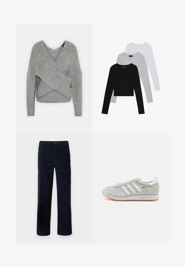 Szürke, mély V kivágású, hosszú ujjú kötött pulóver, bordás textúrával. Puha kötött anyagból készült, réteges, aszimmetrikus dizájnnal.; Három hosszú ujjú póló egymásra rakva: fekete, szürke és fehér. Mindegyiknek kerek nyaka van, és rövidített fazonnal rendelkezik, sima, könnyű anyagból készült.; Sötétkék kordbársony nadrág egyenes lábakkal, gombos záródással és texturált anyaggal. Nincsenek látható minták vagy díszítések.; Világosszürke sportcipő velúr és hálós anyagból, három fehér csíkkal, kerek orral és gumi talppal. Arany logó dísz a fűzők közelében.
