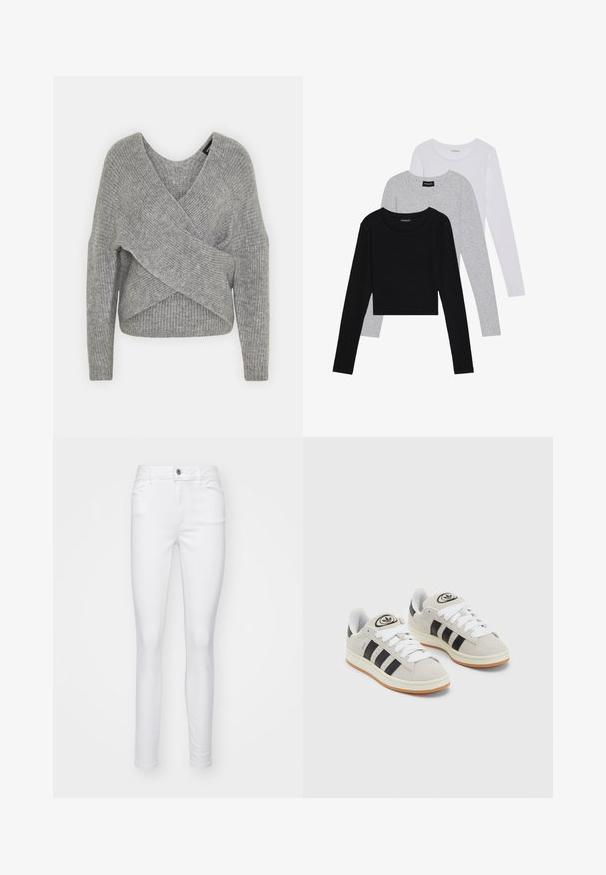 Siva ovitek pulover z globokim V-izrezom, dolgimi rokavi in ribasto teksturo. Narejen iz mehke pletene tkanine z plastnim, asimetričnim dizajnom.; Tri dolga rokava zložena: črna, siva in bela. Vsaka ima okroglo izreznico in skrajšan dizajn z gladkim, lahkotnim materialom.; Bele skinny jeans iz denimom, z sprednjo zaponko, petimi žepi in gladko teksturo po celotni tkanini.; Sive športne čevlje iz semiša z belimi vezalkami, črnimi črtami in belim gumijastim podplatom. Imajo okroglo oznako na ježku in podplat iz gume.
