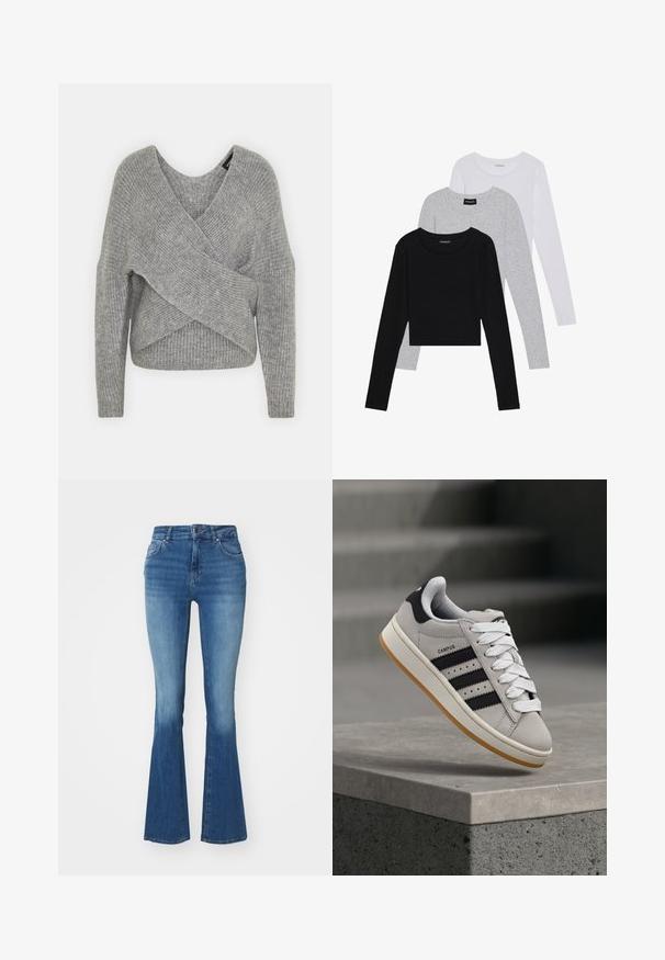 Szürke, mély V kivágású, hosszú ujjú kötött pulóver, bordás textúrával. Puha kötött anyagból készült, réteges, aszimmetrikus dizájnnal.; Három hosszú ujjú póló egymásra rakva: fekete, szürke és fehér. Mindegyiknek kerek nyaka van, és rövidített fazonnal rendelkezik, sima, könnyű anyagból készült.; Világoskék, magas derekú, felsliccelt farmernadrág, sima textúrával, cipzáras záródással és gombbal, valamint két elülső zsebbel.; Szürke Adidas Campus sneaker fekete csíkokkal és fehér fűzőkkel, amely egy beton korlát felett lebeg, háttérben lépcsőkkel.