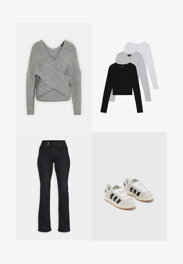 Pelēka apvalka džemperis ar dziļu V veida kakla izgriezumu, garām piedurknēm un ribu tekstūru. Izgatavots no mīksta adījuma materiāla ar slāņotu, asimetrisku dizainu.; Trīs garām piedurknēm veidotas augšdaļas, sakrautās: melna, pelēka un balta. Katram ir noapaļots kakla izgriezums un īsa dizaina forma ar gludu, vieglu audumu.; Melnas denima flared džinsi ar augstu jostasvietu, divām priekšējām kabatām un kontrastējošiem metāla pogām. Gluda tekstūra ar nelielu stiepšanos.; Pelēkas zamšādas kedas ar baltām saites, melnām svītrām un baltu gumijas zoli. Raksturīga apļa logo uz mēles un gumijas zole.