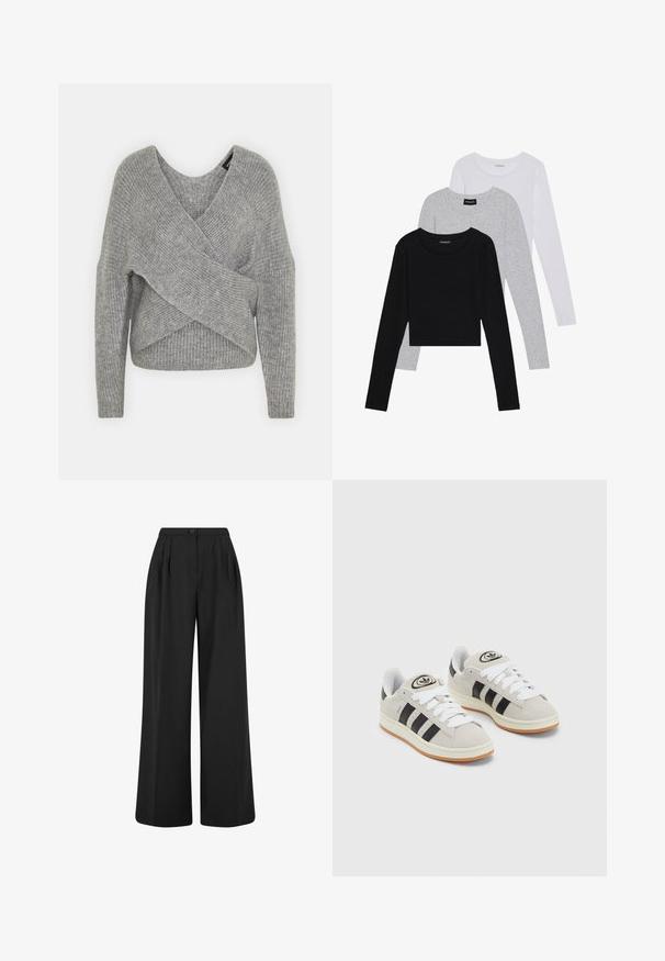 Szary sweter o luźnym kroju z głębokim dekoltem w kształcie litery V, długimi rękawami i prążkowaną teksturą. Wykonany z miękkiego materiału dzianinowego z warstwowym, asymetrycznym wzorem.; Trzy bluzki z długim rękawem ułożone jedna na drugiej: czarna, szara i biała. Każda z okrągłym dekoltem i skróconym fasonem, wykonana z gładkiego, lekkiego materiału.; Czarne spodnie o szerokich nogawkach, z wysokim stanem, fałdami z przodu i pojedynczym zapięciem na guzik. Gładki materiał o prostym, minimalistycznym wzorze.; Szare zamszowe trampki z białymi sznurówkami, czarnymi paskami i białą gumową podeszwą. Posiadają okrągłe logo na języku oraz gumową podeszwę.