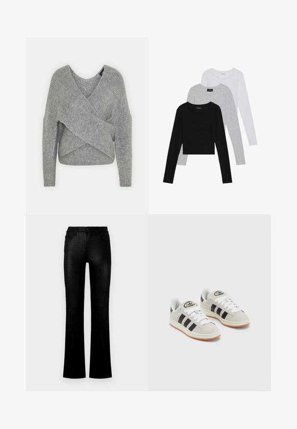 Grå omslagssweater med dyp V-hals, lange ermer og ribbestruktur. Laget av et mykt strikket materiale med et lagdelt, asymmetrisk design.; Tre lange ermer t-skjorter stablet: svart, grå og hvit. Hver har en rund hals og et kort design med glatt, lett stoff.; Sorte vide jeans laget av et skinnende, teksturert stoff. Har frontlommer, knappelukking og et klassisk design med fem lommer.; Grå semsket sneakers med hvite lisser, svarte striper og en hvit gummisåle. Har en sirkulær logo på tungen og en gummisåle.