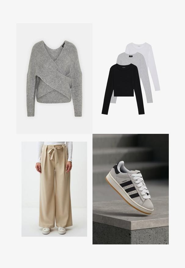 Grau umwickelter Pullover mit tiefem V-Ausschnitt, langen Ärmeln und gerippter Textur. Hergestellt aus einem weichen Strickmaterial mit einem geschichteten, asymmetrischen Design.; Drei langärmelige Oberteile gestapelt: schwarz, grau und weiß. Jedes hat einen runden Halsausschnitt und ein kurzes Design aus glattem, leichtem Stoff.; Beige weit geschnittene Hose mit gebundenem Bund, die eine glatte Textur und ein fließendes Design aufweist. Getragen mit weißen Sneakers.; adidas Originals CAMPUS 00S W - Sneaker low - crystal white/core black/off white
