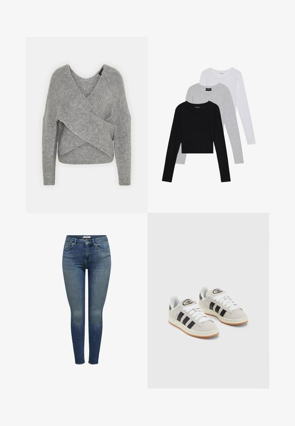 Grå omslagssweater med dyp V-hals, lange ermer og ribbestruktur. Laget av et mykt strikket materiale med et lagdelt, asymmetrisk design.; Tre lange ermer t-skjorter stablet: svart, grå og hvit. Hver har en rund hals og et kort design med glatt, lett stoff.; Tynne blå jeans laget av denim, med mellomhøy midje, frontlommer og frynsete hem. Stoffet har en subtil falmet tekstur.; Grå semsket sneakers med hvite lisser, svarte striper og en hvit gummisåle. Har en sirkulær logo på tungen og en gummisåle.