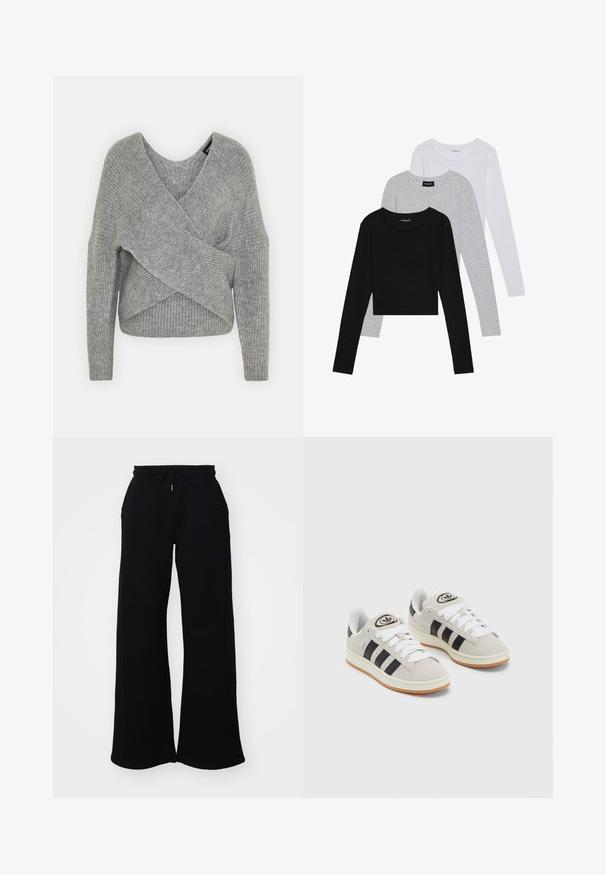 Γκρι ζακέτα με βαθύ V-λαιμό, μακριά μανίκια και ριμπ υφή. Κατασκευασμένη από μαλακό πλεκτό υλικό με επίπεδη, ασύμμετρη σχεδίαση.; Τρία μπλουζάκια με μακριά μανίκια τοποθετημένα το ένα πάνω στο άλλο: μαύρο, γκρι και άσπρο. Κάθε μπλούζα έχει στρογγυλή λαιμόκοψη και cropped σχέδιο, κατασκευασμένη από απαλό, ελαφρύ ύφασμα.; Μαύρες φόρμες με ελαστική μέση και κορδόνι, σε σχέδιο φαρδιάς καμπάνας, με πλάγιες τσέπες. Κατασκευασμένες από μαλακό ύφασμα με λεία υφή.; Γκρίζα σουέτ αθλητικά παπούτσια με λευκές κορδόνες, μαύρες ρίγες και λευκή καουτσούκ σόλα. Διαθέτει κυκλικό λογότυπο στη γλώσσα και σόλα από καουτσούκ.