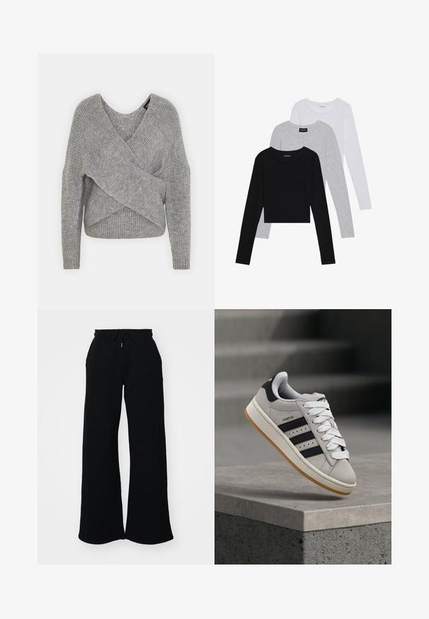 Suéter cinza envolvente com um decote em V profundo, mangas longas e textura canelada. Feito de um material de malha suave com um design assimétrico em camadas.; Três camisetas de manga longa empilhadas: preta, cinza e branca. Cada uma tem um decote redondo e um design cropped, feitas de um tecido leve e suave.; Calças de treino pretas com um cós elástico ajustável, corte largo e bolsos laterais. Feitas de um tecido suave com uma textura lisa.; Ténis Adidas Campus cinza com riscas pretas e atacadores brancos a flutuar acima de um parapeito de cimento, com escadas ao fundo.