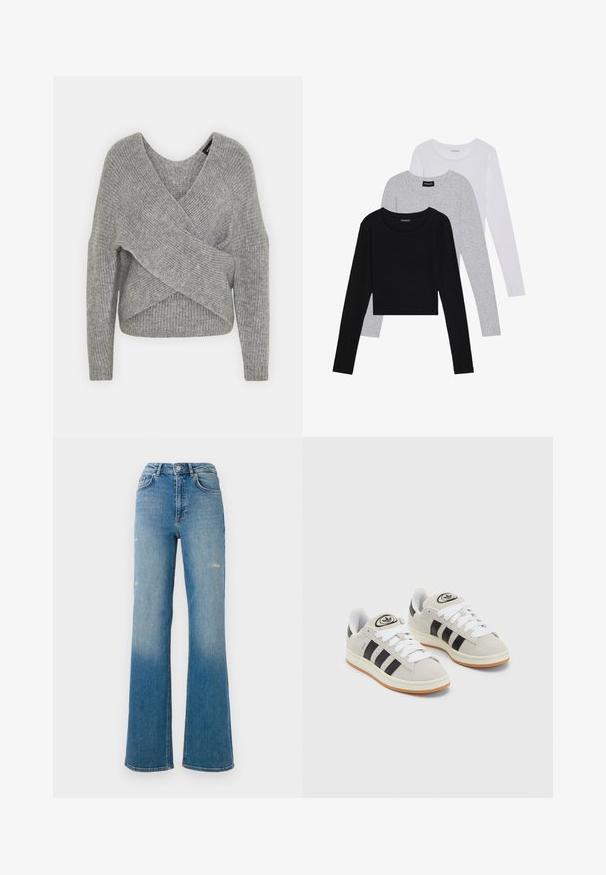 Suéter cinza envolvente com um decote em V profundo, mangas longas e textura canelada. Feito de um material de malha suave com um design assimétrico em camadas.; Três camisetas de manga longa empilhadas: preta, cinza e branca. Cada uma tem um decote redondo e um design cropped, feitas de um tecido leve e suave.; Jeans de ganga azul de cintura alta com ligeiras desgastes nas coxas, estilo de cinco bolsos e um design de perna larga.; Tênis de camurça cinza com atacadores brancos, riscas pretas e uma sola de borracha branca. Apresenta um logótipo circular na língua e uma sola de borracha.