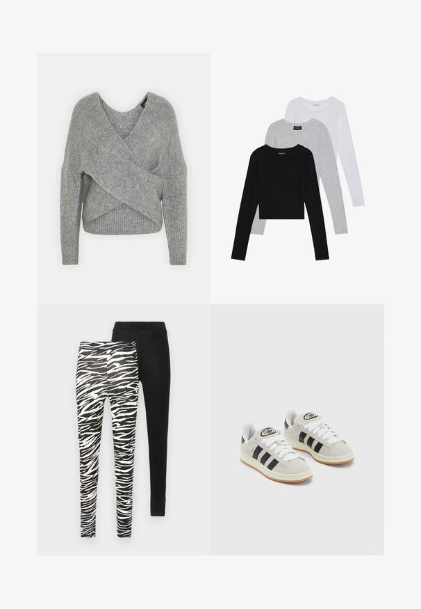 Szürke, mély V kivágású, hosszú ujjú kötött pulóver, bordás textúrával. Puha kötött anyagból készült, réteges, aszimmetrikus dizájnnal.; Három hosszú ujjú póló egymásra rakva: fekete, szürke és fehér. Mindegyiknek kerek nyaka van, és rövidített fazonnal rendelkezik, sima, könnyű anyagból készült.; Két pár leggings: az egyik fekete-fehér zebra csíkos mintázatú, a másik egyszínű fekete. Mindkettő rugalmas derékpánttal van ellátva.; Szürke velúr sportcipők fehér fűzővel, fekete csíkokkal és fehér gumitalppal. A nyelvén kör alakú logó található, illetve a talpa színes gumi.