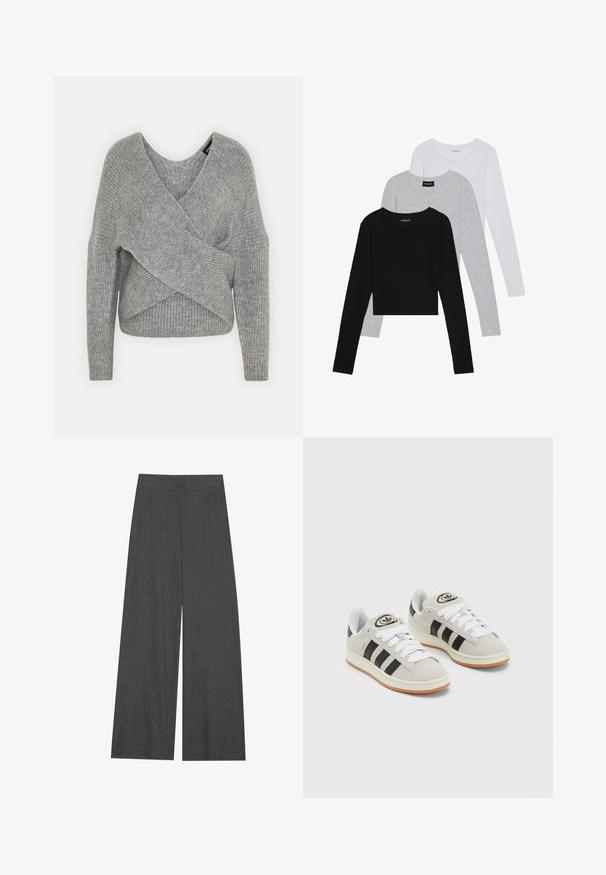 Grijze wikkeltrui met een diepe V-hals, lange mouwen en ribbelstructuur. Gemaakt van een zachte gebreide stof met een gelaagd, asymmetrisch ontwerp.; Drie langmouwige tops gestapeld: zwart, grijs en wit. Elke top heeft een ronde halslijn en een cropped ontwerp van soepel, lichtgewicht materiaal.; Wijdvallende pantalon in een carvão grijze geribbelde stof, met een hoge tailleband en verticale strepen voor textuur en detail.; Grijze nubucklederen sneakers met witte veters, zwarte strepen en een witte rubberen zool. Bevat een rond logo op de tong en een gumzool.