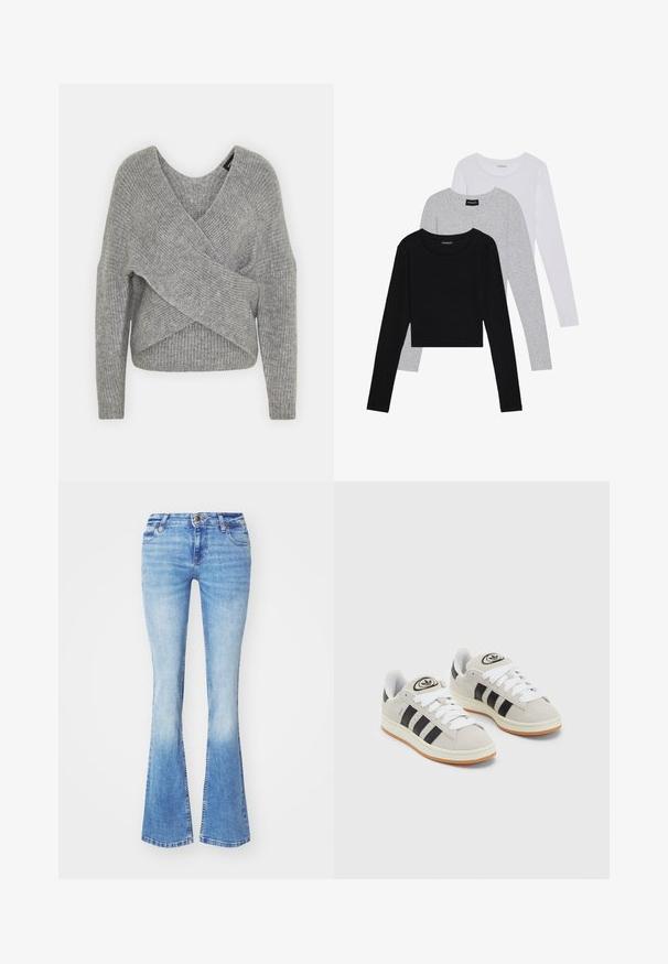Suéter cinza envolvente com um decote em V profundo, mangas longas e textura canelada. Feito de um material de malha suave com um design assimétrico em camadas.; Três camisetas de manga longa empilhadas: preta, cinza e branca. Cada uma tem um decote redondo e um design cropped, feitas de um tecido leve e suave.; Jeans de flare azul-claro com um efeito desgastado, apresentando um fecho de botão, cinco bolsos e um corte reto da cintura até as bainhas largas.; Tênis de camurça cinza com atacadores brancos, riscas pretas e uma sola de borracha branca. Apresenta um logótipo circular na língua e uma sola de borracha.