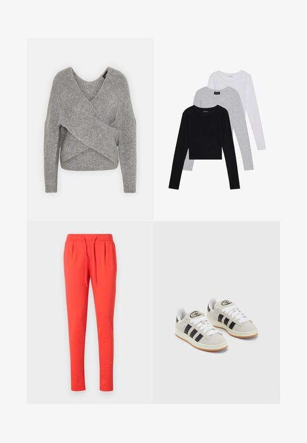 Grijze wikkeltrui met een diepe V-hals, lange mouwen en ribbelstructuur. Gemaakt van een zachte gebreide stof met een gelaagd, asymmetrisch ontwerp.; Drie langmouwige tops gestapeld: zwart, grijs en wit. Elke top heeft een ronde halslijn en een cropped ontwerp van soepel, lichtgewicht materiaal.; Rode joggingsbroek gemaakt van zachte stof met een elastische tailleband en een verstelbaar trekkoord. Heeft een taps toelopend ontwerp.; Grijze nubucklederen sneakers met witte veters, zwarte strepen en een witte rubberen zool. Bevat een rond logo op de tong en een gumzool.