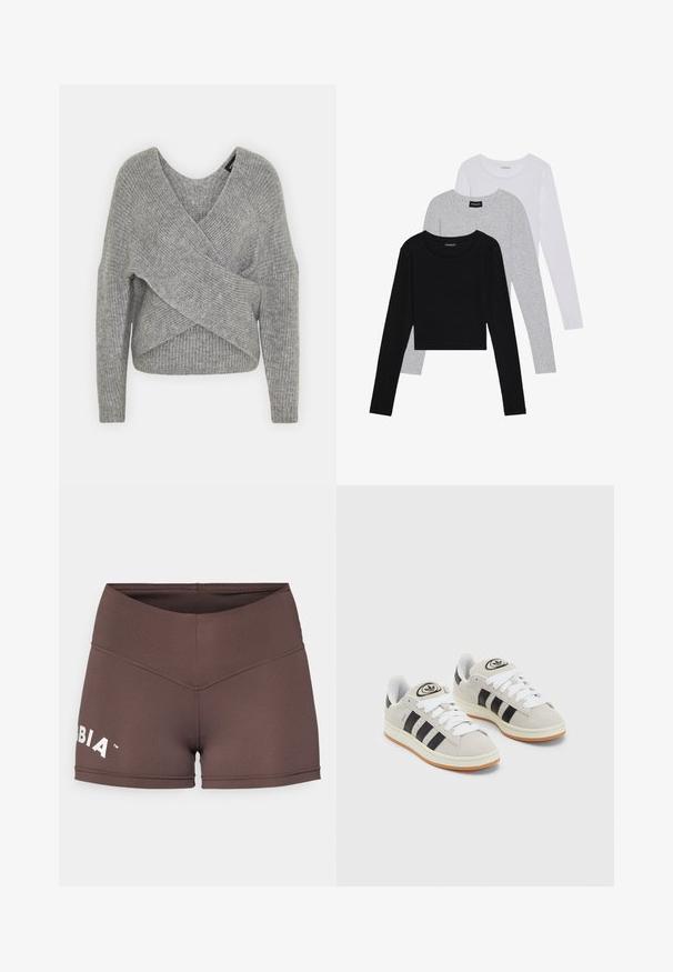 Pilkas aptraukiamas megztinis su giliu V formos iškirpimu, ilgomis rankovėmis ir riešutiniu tekstūru. Pagamintas iš minkštos megztos medžiagos su sluoksniuota, asimetrine konstrukcija.; Trijų ilgomis rankovėmis marškinėlių krūva: juodas, pilkas ir baltas. Kiekvienas turi apvalų iškirpimą ir trumpą dizainą, pagamintas iš lygaus, lengvo audinio.; Rudos sportiniai šortai su aukštu juosmeniu, elastinga medžiaga ir balta logotipo detalė kairėje pusėje. Sklandus paviršius ir prigludusi konstrukcija.; Grynos zomšos sneakeriai su baltais raišteliais, juodomis juostelėmis ir balta gumine sole. Turintys apskritą logotipą ant liežuvėlio ir guminę sole.