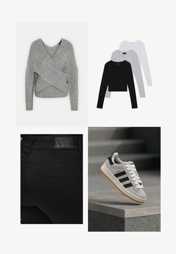Grau umwickelter Pullover mit tiefem V-Ausschnitt, langen Ärmeln und gerippter Textur. Hergestellt aus einem weichen Strickmaterial mit einem geschichteten, asymmetrischen Design.; Drei langärmelige Oberteile gestapelt: schwarz, grau und weiß. Jedes hat einen runden Halsausschnitt und ein kurzes Design aus glattem, leichtem Stoff.; Schwarze Skinny-Jeans mit glatter Textur. Mit einem VMD-Logo-Patch am Bund, Detail der Gesäßtasche und eng anliegendem Design.; Grauer Adidas Campus Sneaker mit schwarzen Streifen und weißen Schnürsenkeln, der über einer Betonmauer schwebt, mit Treppen im Hintergrund.