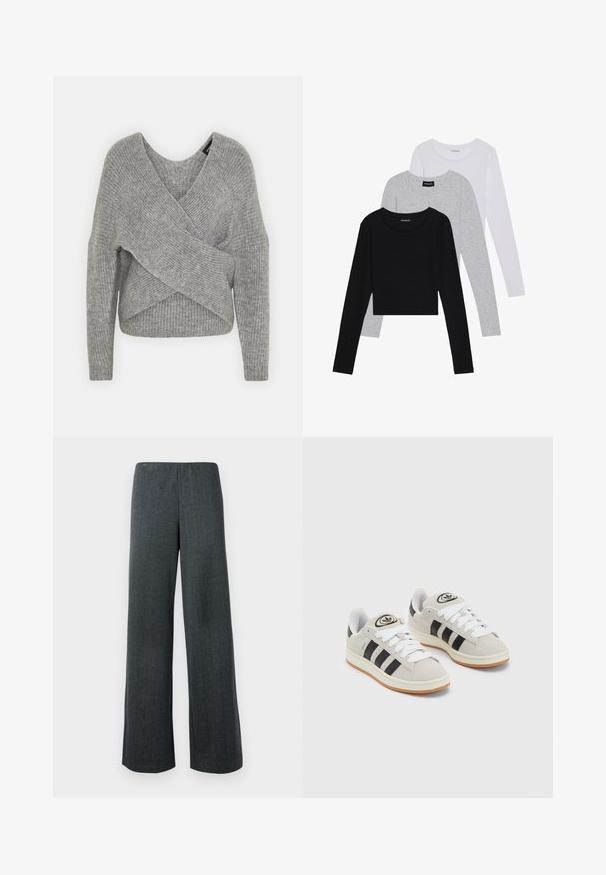 Suéter gris envolvente con un profundo escote en V, mangas largas y textura acanalada. Fabricado con un material de punto suave y un diseño asimétrico en capas.; Tres camisetas de manga larga apiladas: negra, gris y blanca. Cada una tiene un escote redondo y un diseño recortado con una tela suave y ligera.; Pantalones de pierna ancha en tejido de tweed gris oscuro. Con aberturas laterales en el dobladillo y cintura elástica para un ajuste relajado.; Zapatillas de ante gris con cordones blancos, rayas negras y suela de goma blanca. Presentan un logo circular en la lengüeta y una suela de goma.
