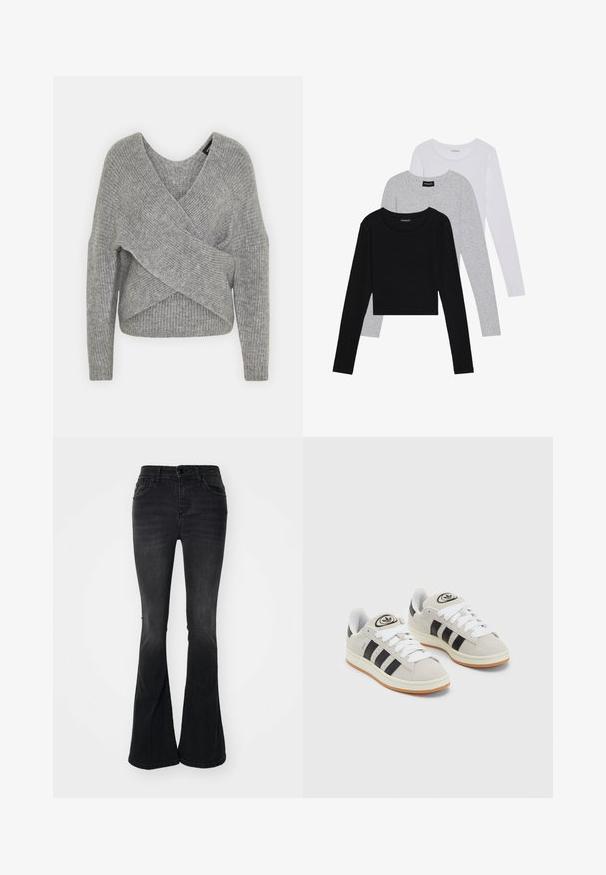 Pelēka apvalka džemperis ar dziļu V veida kakla izgriezumu, garām piedurknēm un ribu tekstūru. Izgatavots no mīksta adījuma materiāla ar slāņotu, asimetrisku dizainu.; Trīs garām piedurknēm veidotas augšdaļas, sakrautās: melna, pelēka un balta. Katram ir noapaļots kakla izgriezums un īsa dizaina forma ar gludu, vieglu audumu.; Melnas platās džinsus bikses, kas izgatavotas no denima, ar augstu jostasvietu, priekšējām kabatām, pogu aizdari un tīru apdari apakšmalā.; Pelēkas zamšādas kedas ar baltām saites, melnām svītrām un baltu gumijas zoli. Raksturīga apļa logo uz mēles un gumijas zole.