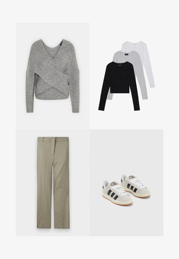 Gray wrap sweater with a deep V-neck, long sleeves, and ribbed texture. Made from a soft knit material with a layered, asymmetrical design.; Three long-sleeve tops stacked: black, grey, and white. Each has a round neckline and a cropped design with smooth, lightweight fabric.; Light olive green trousers, tailored fit, featuring a flat front, two side pockets, and a smooth, textured fabric. No visible patterns or accents.; Gray suede sneakers with white laces, black stripes, and a white rubber sole. Features a circular logo on the tongue and a gum sole.