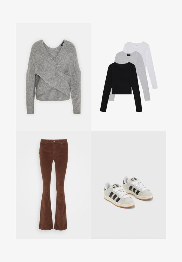 Grijze wikkeltrui met een diepe V-hals, lange mouwen en ribbelstructuur. Gemaakt van een zachte gebreide stof met een gelaagd, asymmetrisch ontwerp.; Drie langmouwige tops gestapeld: zwart, grijs en wit. Elke top heeft een ronde halslijn en een cropped ontwerp van soepel, lichtgewicht materiaal.; Bruine corduroy flare jeans met een gladde textuur, vijf zakken en een enkele metalen knop op de tailleband.; Grijze nubucklederen sneakers met witte veters, zwarte strepen en een witte rubberen zool. Bevat een rond logo op de tong en een gumzool.