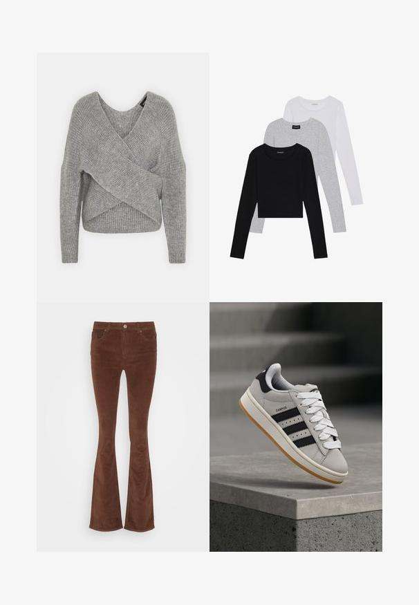 Grå omslagströja med djup V-ringning, långa ärmar och ribbad struktur. Tillverkad av ett mjukt stickat material med en lager-på-lager, asymmetrisk design.; Tre långärmade tröjor staplade: svart, grå och vit. Var och en har en rund halsringning och en kort design med mjukt, lätt material.; Bruna kordflorbyxor med utsvängda ben, slät yta, fem fickor och en enda metallknapp på midjebandet.; adidas Originals CAMPUS 00S W - Sneakers - crystal white/core black/off white