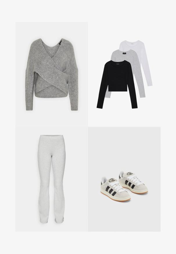 Grau umwickelter Pullover mit tiefem V-Ausschnitt, langen Ärmeln und gerippter Textur. Hergestellt aus einem weichen Strickmaterial mit einem geschichteten, asymmetrischen Design.; Drei langärmelige Oberteile gestapelt: schwarz, grau und weiß. Jedes hat einen runden Halsausschnitt und ein kurzes Design aus glattem, leichtem Stoff.; Graue, dehnbare Leggings mit einem enganliegenden Bund, ausgestelltem Bein und subtiler Textur. Keine sichtbaren Beschläge oder Muster. Schlichtes und elegantes Design.; Graue Wildledersneaker mit weißen Schnürsenkeln, schwarzen Streifen und einer weißen Gummisohle. Merkmale sind ein kreisförmiges Logo auf der Zunge und eine Gummisohle.