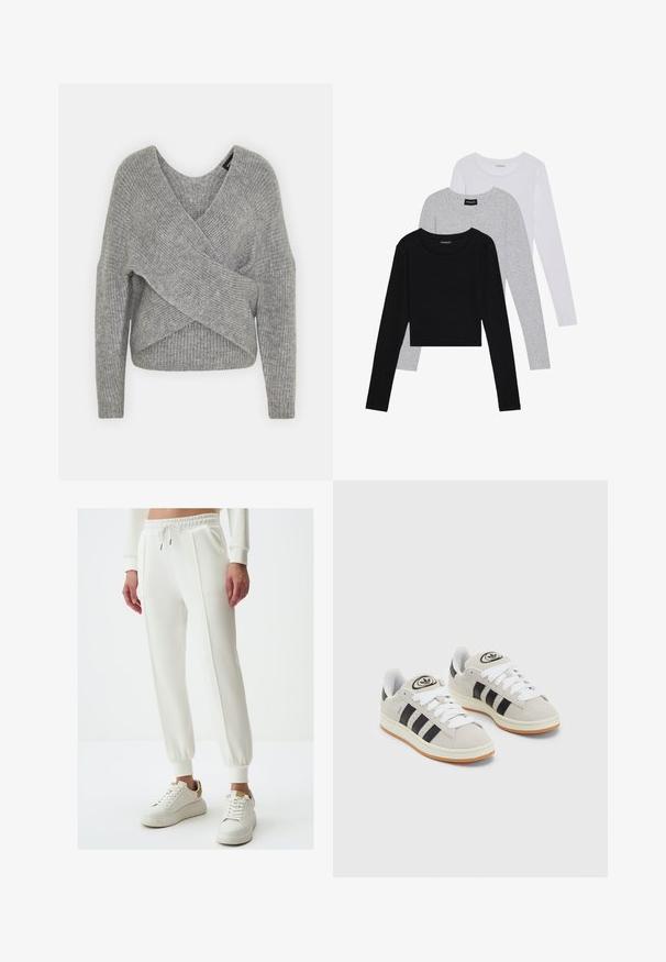 Grau umwickelter Pullover mit tiefem V-Ausschnitt, langen Ärmeln und gerippter Textur. Hergestellt aus einem weichen Strickmaterial mit einem geschichteten, asymmetrischen Design.; Drei langärmelige Oberteile gestapelt: schwarz, grau und weiß. Jedes hat einen runden Halsausschnitt und ein kurzes Design aus glattem, leichtem Stoff.; Weiße Sweatpants mit einem Kordelzugbund und Bündchen, die eine glatte Textur und dezente Nahtdetails aufweisen. Kombiniert mit weißen Sneakers.; Graue Wildledersneaker mit weißen Schnürsenkeln, schwarzen Streifen und einer weißen Gummisohle. Merkmale sind ein kreisförmiges Logo auf der Zunge und eine Gummisohle.