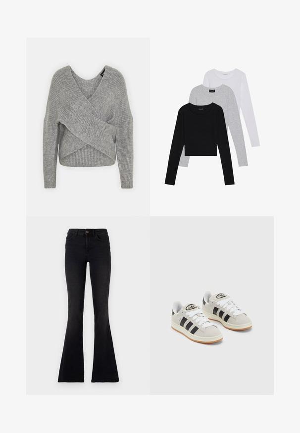 Gray wrap sweater with a deep V-neck, long sleeves, and ribbed texture. Made from a soft knit material with a layered, asymmetrical design.; Three long-sleeve tops stacked: black, grey, and white. Each has a round neckline and a cropped design with smooth, lightweight fabric.; Black flared jeans made of denim. High waist with a button closure, sleek design, and pronounced flared legs at the bottom.; Gray suede sneakers with white laces, black stripes, and a white rubber sole. Features a circular logo on the tongue and a gum sole.