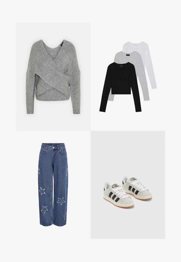 Grau umwickelter Pullover mit tiefem V-Ausschnitt, langen Ärmeln und gerippter Textur. Hergestellt aus einem weichen Strickmaterial mit einem geschichteten, asymmetrischen Design.; Drei langärmelige Oberteile gestapelt: schwarz, grau und weiß. Jedes hat einen runden Halsausschnitt und ein kurzes Design aus glattem, leichtem Stoff.; Dunkelblaue Jeans mit weitem Bein, die große, gestickte weiße Sterne auf der Vorderseite zeigen. Klassisches Fünf-Taschen-Design mit Knopfleiste.; Graue Wildledersneaker mit weißen Schnürsenkeln, schwarzen Streifen und einer weißen Gummisohle. Merkmale sind ein kreisförmiges Logo auf der Zunge und eine Gummisohle.