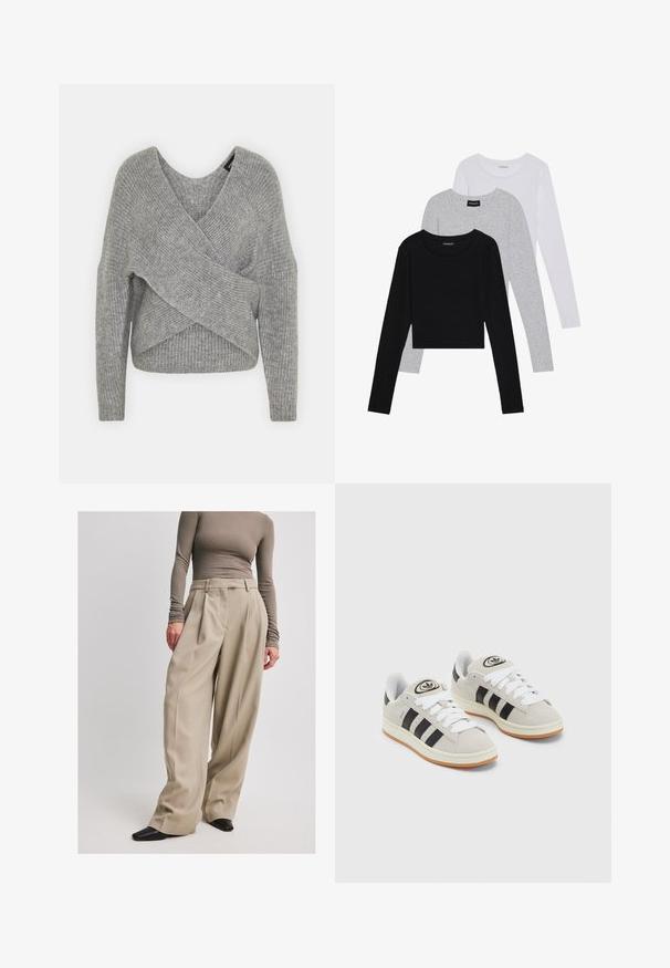 Grå indpakningssweater med dyb V-udskæring, lange ærmer og ribbet tekstur. Fremstillet i et blødt strikkemateriale med et lagdelt, asymmetrisk design.; Tre langærmede toppe stablet: sort, grå og hvid. Hver har en rund halsudskæring og et cropped design med glat, let stof.; NA-KD Bukser - beige; Grå ruskinds sneakers med hvide snørebånd, sorte striber og en hvid gummisål. Har et rundt logo på tungen og en gummisål.