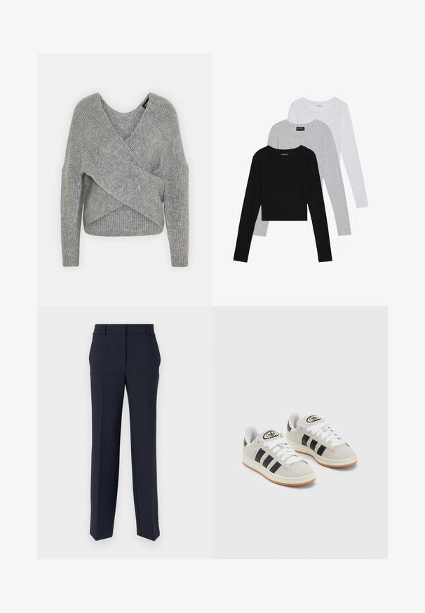 Hallide hallhargus, sügava V-kaelusega, pikkade varrukatega ja ribatrepiga. Valmistatud pehmest kudumismetallist, millel on kihiline, asümmeetriline disain.; Kolm pikkade varrukatega toppi, mis on üksteise peale asetatud: must, hall ja valge. Igal ühel on ümar kaelus ja lühike disain, valmistatud siledast, kergekaalulisest kangast.; Tumesin lõikega tumesinised kohandatud püksid, millel on sile tekstuur ja litso front. Lisatud on kaks külge taskut ja klassikaline vöökoht.; Hallid hallid nahkrennid valgete paeltega, mustade triipudega ja valge kummitaldiga. Omab ümmargust logo keeles ja kummitalda.