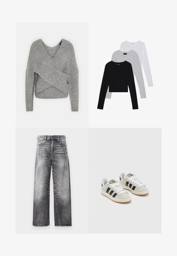 Harmaa neulejakku, jossa on syvä V-kaula-aukko, pitkät hihat ja ribboitu pinta. Valmistettu pehmeästä neuloksesta, jossa on kerroksellinen ja epäsymmetrinen muotoilu.; Kolme pitkähihasta paita päällekkäin: musta, harmaa ja valkoinen. Jokaisessa on pyöreä pääntie ja lyhennetty muotoilu, jossa on sileä ja kevyt kangas.; Löysät farkut haalistuneessa harmaassa denimissä. Ominaisuuksina klassinen nappi- ja vetoketjukiinnitys, viisi taskua ja hienovaraiset kulutustiedot.; Harmaat mokkasiinikenkä, joissa on valkoiset nauhat, mustat raidat ja valkoinen kumipohja. Kantajassa on pyöreä logo ja vaaleanruskea pohja.