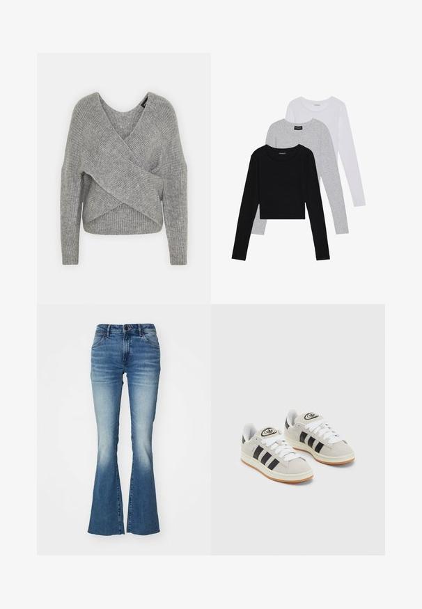 Suéter gris envolvente con un profundo escote en V, mangas largas y textura acanalada. Fabricado con un material de punto suave y un diseño asimétrico en capas.; Tres camisetas de manga larga apiladas: negra, gris y blanca. Cada una tiene un escote redondo y un diseño recortado con una tela suave y ligera.; Jeans de denim azul con un diseño acampanado, cintura de altura media y un lavado en degradado que oscila de un azul oscuro a uno claro, con cinco bolsillos.; Zapatillas de ante gris con cordones blancos, rayas negras y suela de goma blanca. Presentan un logo circular en la lengüeta y una suela de goma.
