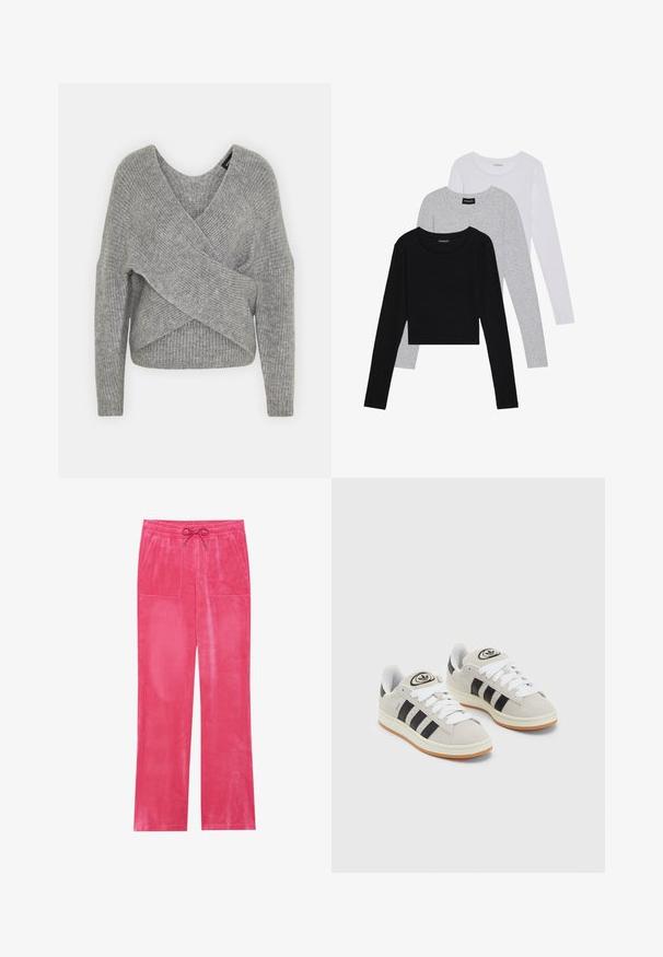 Grå indpakningssweater med dyb V-udskæring, lange ærmer og ribbet tekstur. Fremstillet i et blødt strikkemateriale med et lagdelt, asymmetrisk design.; Tre langærmede toppe stablet: sort, grå og hvid. Hver har en rund halsudskæring og et cropped design med glat, let stof.; Rosa velourbukser med snor i taljen, to forlommer, bred ben-design og en glat overflade.; Grå ruskinds sneakers med hvide snørebånd, sorte striber og en hvid gummisål. Har et rundt logo på tungen og en gummisål.
