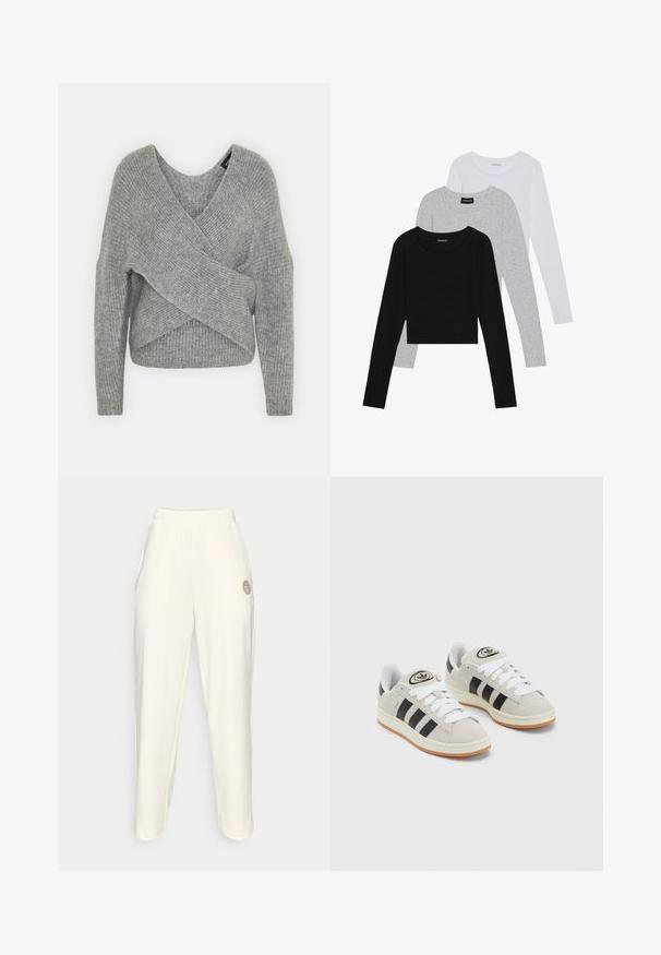 Grijze wikkeltrui met een diepe V-hals, lange mouwen en ribbelstructuur. Gemaakt van een zachte gebreide stof met een gelaagd, asymmetrisch ontwerp.; Drie langmouwige tops gestapeld: zwart, grijs en wit. Elke top heeft een ronde halslijn en een cropped ontwerp van soepel, lichtgewicht materiaal.; Crème-kleurige sweats met een elastische tailleband, taps toelopende broekspijpen en een klein circulair logo op de linker bovenbeen. Soepele textuur.; Grijze nubucklederen sneakers met witte veters, zwarte strepen en een witte rubberen zool. Bevat een rond logo op de tong en een gumzool.