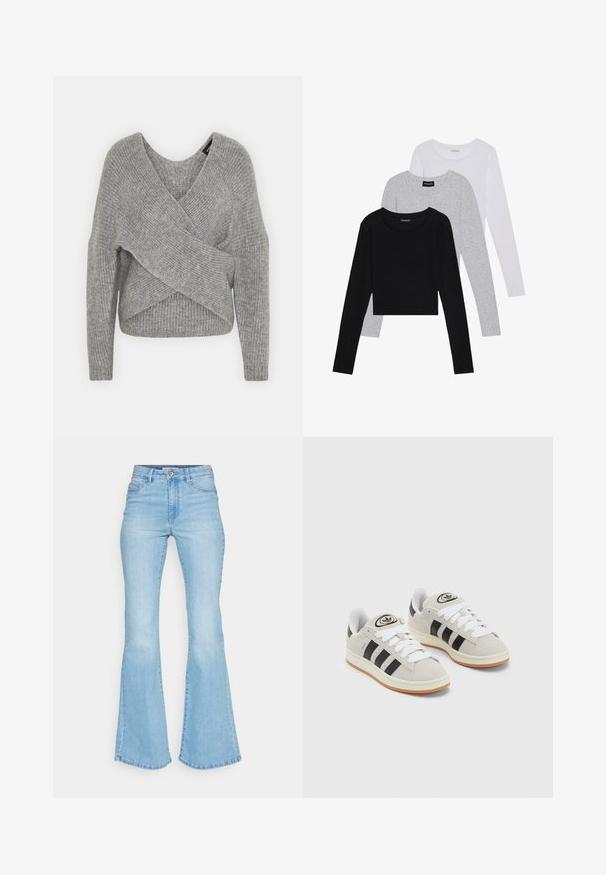Gray wrap sweater with a deep V-neck, long sleeves, and ribbed texture. Made from a soft knit material with a layered, asymmetrical design.; Three long-sleeve tops stacked: black, grey, and white. Each has a round neckline and a cropped design with smooth, lightweight fabric.; Light blue flared jeans made of denim, featuring a high waist, front pockets, and a clean finish on the hems with visible stitching.; Gray suede sneakers with white laces, black stripes, and a white rubber sole. Features a circular logo on the tongue and a gum sole.