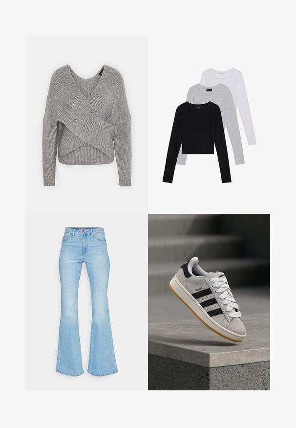 Grå omslagströja med djup V-ringning, långa ärmar och ribbad struktur. Tillverkad av ett mjukt stickat material med en lager-på-lager, asymmetrisk design.; Tre långärmade tröjor staplade: svart, grå och vit. Var och en har en rund halsringning och en kort design med mjukt, lätt material.; Ljust blå utsvängda jeans i denim, med hög midja, framfickor och en ren finish på fållarna med synliga stygn.; Grå Adidas Campus-sneaker med svarta ränder och vita skosnören som svävar ovanför en betongkant med trappor i bakgrunden.