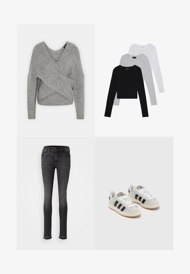 Szürke, mély V kivágású, hosszú ujjú kötött pulóver, bordás textúrával. Puha kötött anyagból készült, réteges, aszimmetrikus dizájnnal.; Három hosszú ujjú póló egymásra rakva: fekete, szürke és fehér. Mindegyiknek kerek nyaka van, és rövidített fazonnal rendelkezik, sima, könnyű anyagból készült.; Fekete skinny farmernadrág, elülső zsebekkel, gombos záródással és rojtos szegéllyel a bokánál. Sima textúra, finom kopásnyomokkal.; Szürke velúr sportcipők fehér fűzővel, fekete csíkokkal és fehér gumitalppal. A nyelvén kör alakú logó található, illetve a talpa színes gumi.