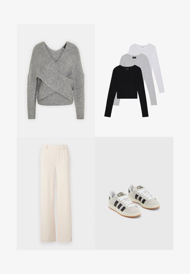 Hallide hallhargus, sügava V-kaelusega, pikkade varrukatega ja ribatrepiga. Valmistatud pehmest kudumismetallist, millel on kihiline, asümmeetriline disain.; Kolm pikkade varrukatega toppi, mis on üksteise peale asetatud: must, hall ja valge. Igal ühel on ümar kaelus ja lühike disain, valmistatud siledast, kergekaalulisest kangast.; Heledadbeige laiade püksid eesriipidega, siledast kangast ja küljetaskutega. Valmistatud pehmest kangast, millel on kohandatud disain.; Hallid hallid nahkrennid valgete paeltega, mustade triipudega ja valge kummitaldiga. Omab ümmargust logo keeles ja kummitalda.